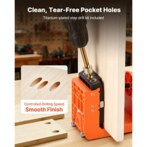 pocket hole jig kit, 1/2", 3/4", 1 1/2" adjustable, 360° rotating handle, jig pocket hole system with 260 screws, c clamp, stop collar, drill bit, easy clamping and adjusting, for woodworking
