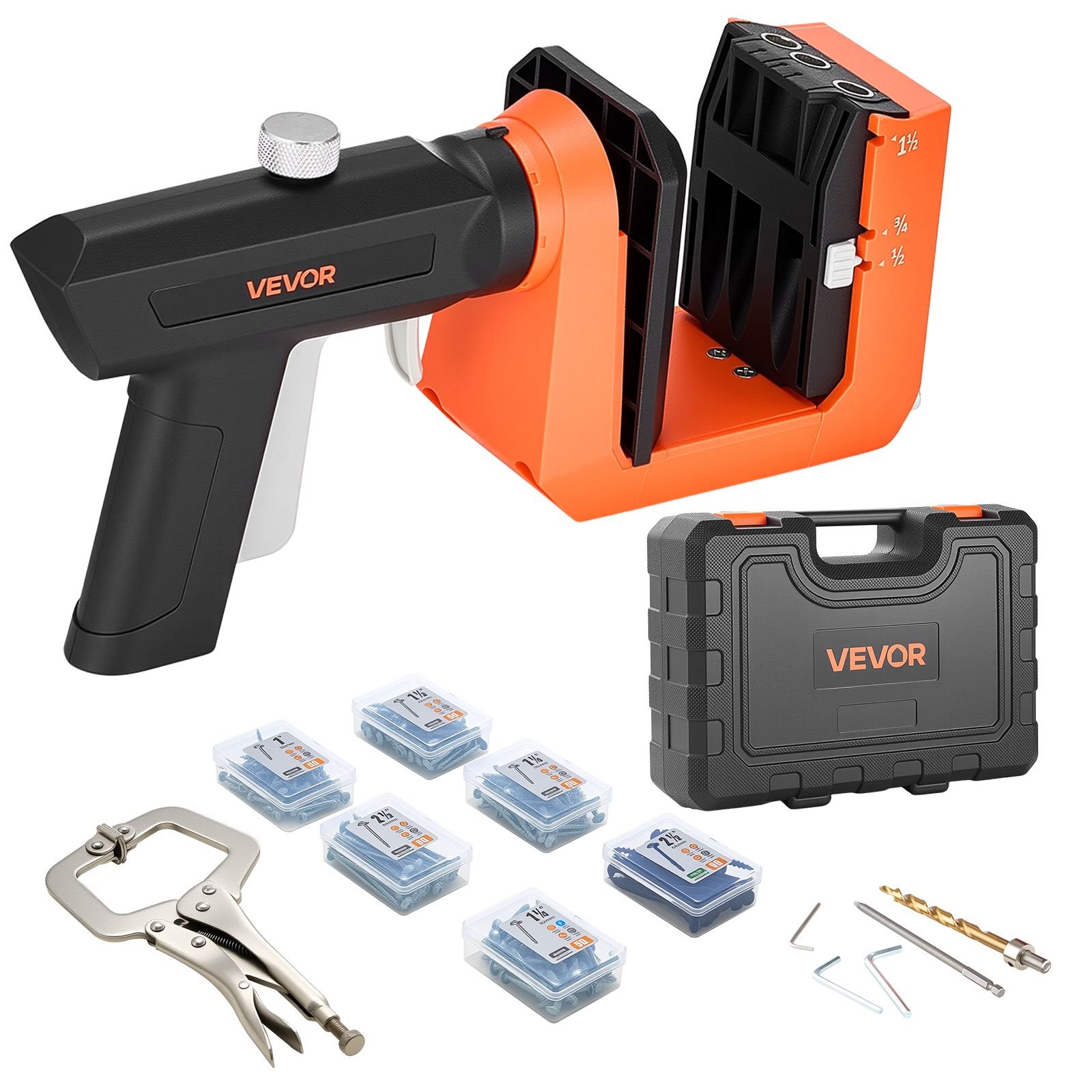 pocket hole jig kit, 1/2", 3/4", 1 1/2" adjustable, 360° rotating handle, jig pocket hole system with 260 screws, c clamp, stop collar, drill bit, easy clamping and adjusting, for woodworking