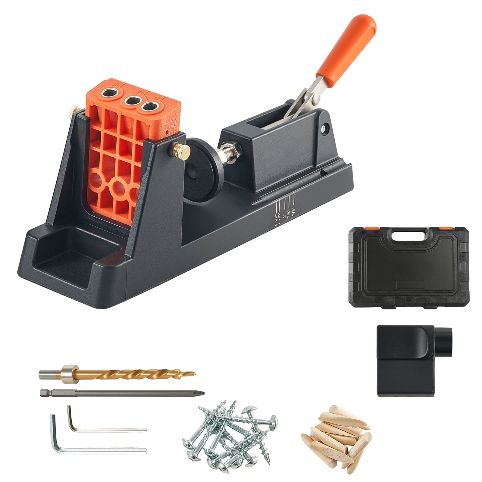 pocket hole jig kit, 1/2" to 1 1/2" adjustable, lightweight jig pocket hole system with dust collection adapter, detachable guide block, drill bit, stop collar, easy adjusting, for woodworking
