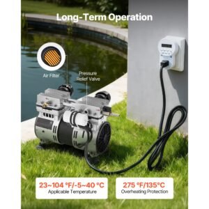 pond aerator, 6.7cfm 1 hp air compressor, lake aerator for ponds up to 3 acres, overheat protection & anti backflow valve, 745w powerful motor, pond aeration pump for water oxygen circulation