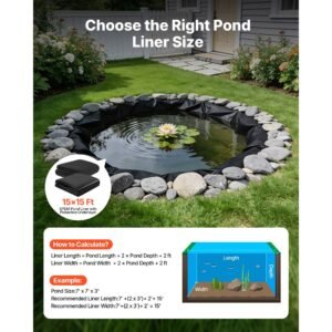 pond liner 15 x 15 ft, 45 mil, epdm rubber fish koi pond liner and underlayment combo, easy to cut, durable & leakproof, for outdoor ponds, water garden, waterfall, fishpond, fountains, black