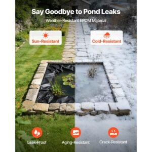 pond liner 15 x 15 ft, 45 mil, epdm rubber fish koi pond liner and underlayment combo, easy to cut, durable & leakproof, for outdoor ponds, water garden, waterfall, fishpond, fountains, black