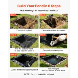 pond liner 15 x 15 ft, 45 mil, epdm rubber fish koi pond liner and underlayment combo, easy to cut, durable & leakproof, for outdoor ponds, water garden, waterfall, fishpond, fountains, black