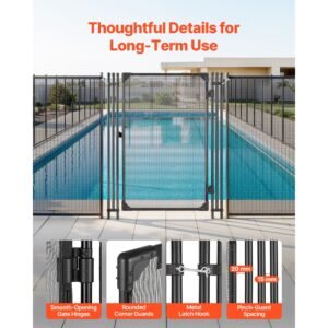 pool fence gate, 4 x 2.5 ft inground swimming pool fences gate, outdoor security fencing door kit with metal latch, 352 gsm teslin pvc mesh, round tube, lockable and easy installation, black