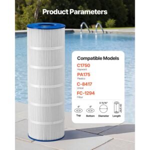pool filter cartridge, 175 sq. ft spa hot tub filter cartridge replacement, compatible with pleatco pa175, hayward c1750, secure for kids & pet, trilobal pleated, easy to clean