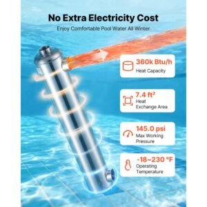 pool heat exchanger, 360k btu swimming pool heater exchanger, 316l stainless steel construction, high efficiency water to water transfer heating system for spa, hot tub, indoor/outdoor, silver