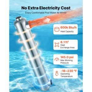 pool heat exchanger, 600k btu swimming pool heater exchanger, 316l stainless steel construction, high efficiency water to water transfer heating system for spa, hot tub, indoor/outdoor, silver