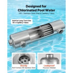 pool heat exchanger, 600k btu swimming pool heater exchanger, 316l stainless steel construction, high efficiency water to water transfer heating system for spa, hot tub, indoor/outdoor, silver