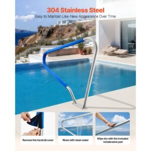 pool rail, 48 x 36 inch pool handrail, 220 lbs load capacity heavy duty 304 stainless steel swimming handrail, detachable nonslip sleeve, rich accessories, for poolside, water parks, spa centers