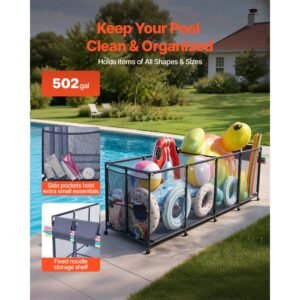 pool storage bin, 103 x 32 x 35 in, rolling pool float storage organizer with side pockets & noodles holder, durable metal frame, poolside toys breathable mesh basket for swimming pools