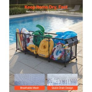 pool storage bin, 103 x 32 x 35 in, rolling pool float storage organizer with side pockets & noodles holder, durable metal frame, poolside toys breathable mesh basket for swimming pools