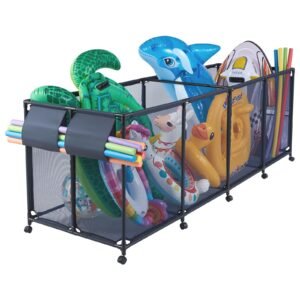 Pool Storage Bin, 103 x 32 x 35 in, Rolling Pool Float Storage Organizer with Side Pockets & Noodles Holder, Durable Metal Frame, Poolside Toys Breathable Mesh Basket for Swimming Pools