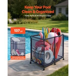 pool storage bin, 36.8 x 24 x 35.6 in, rolling pool float storage organizer with side pockets & casters, heavy duty metal frame, poolside toys noodles holder mesh basket for swimming pools