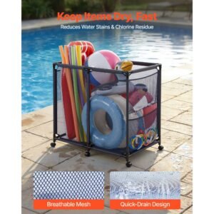 pool storage bin, 36.8 x 24 x 35.6 in, rolling pool float storage organizer with side pockets & casters, heavy duty metal frame, poolside toys noodles holder mesh basket for swimming pools
