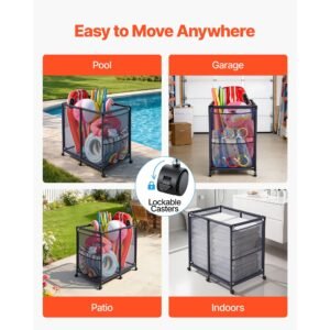pool storage bin, 36.8 x 24 x 35.6 in, rolling pool float storage organizer with side pockets & casters, heavy duty metal frame, poolside toys noodles holder mesh basket for swimming pools