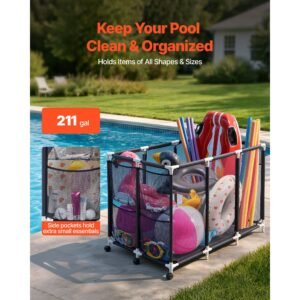 pool storage bin, 47.2 x 30.2 x 34 in, rolling pool float storage organizer with side pockets & casters, heavy duty plastic frame, poolside toys noodles holder mesh basket for swimming pools