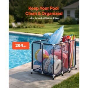 pool storage bin, 48 x 33 x 39 in, rolling pool float storage organizer with casters, durable plastic frame, poolside toys noodles holder, breathable mesh basket for swimming pools
