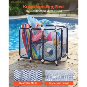 pool storage bin, 48 x 33 x 39 in, rolling pool float storage organizer with casters, durable plastic frame, poolside toys noodles holder, breathable mesh basket for swimming pools