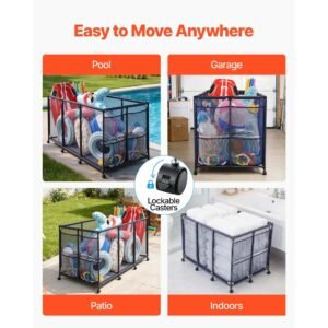 pool storage bin, 69 x 32 x 35 in, rolling pool float storage organizer with side pockets & noodles holder, durable metal frame, poolside toys breathable mesh basket for swimming pools