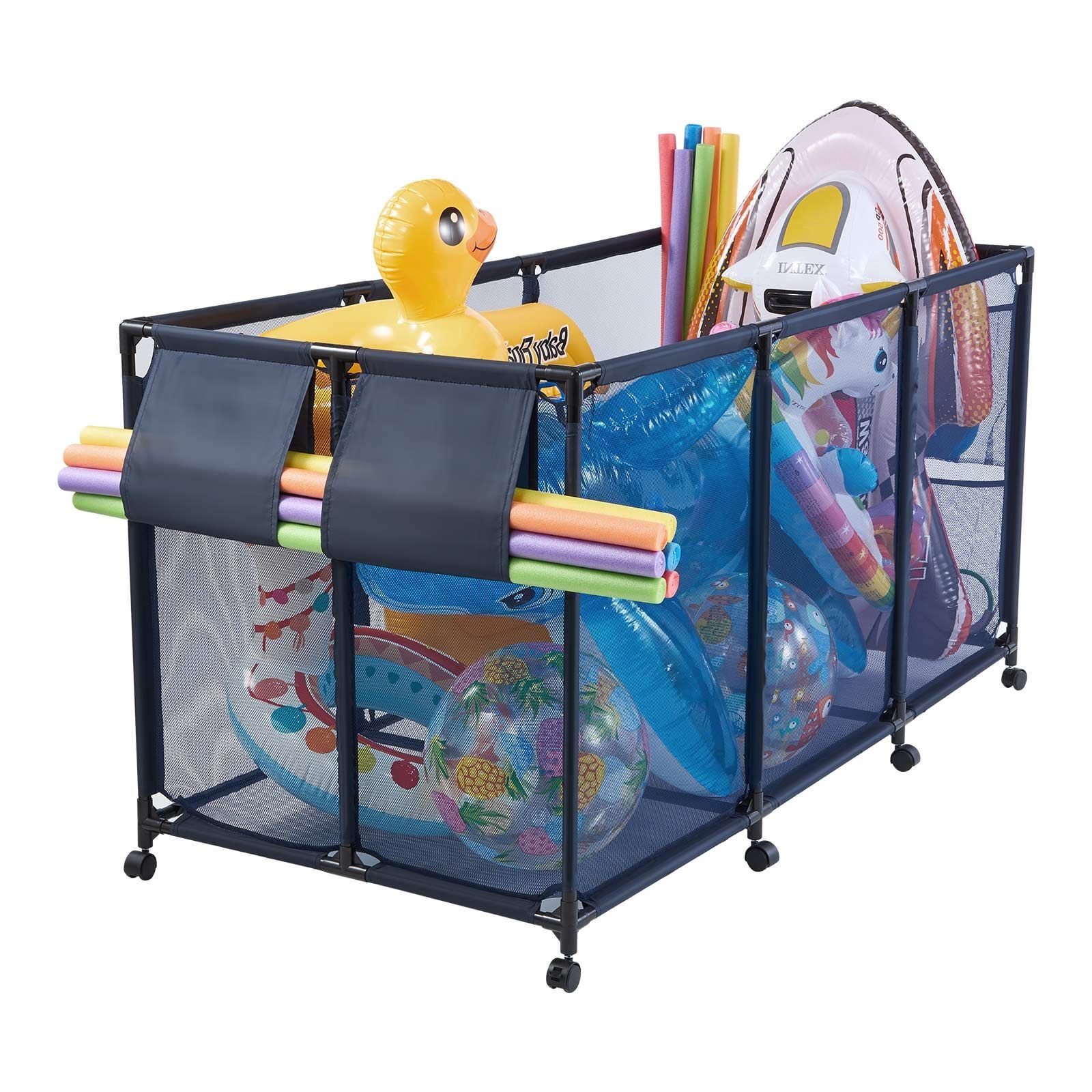 pool storage bin, 69 x 32 x 35 in, rolling pool float storage organizer with side pockets & noodles holder, durable metal frame, poolside toys breathable mesh basket for swimming pools