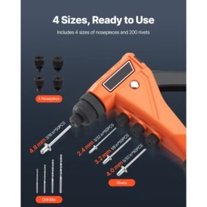 pop rivet gun kit, with 200 blind rivets, heavy duty single hand riveter with 4 interchangeable nosepieces, 4 drill bits, and a carrying case, manual riveting tool for metal, automotive, home