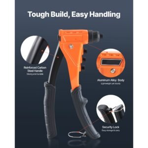 pop rivet gun kit, with 200 blind rivets, heavy duty single hand riveter with 4 interchangeable nosepieces, 4 drill bits, and a carrying case, manual riveting tool for metal, automotive, home