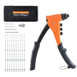 Pop Rivet Gun Kit, with 200 Blind Rivets, Heavy Duty Single Hand Riveter with 4 Interchangeable Nosepieces, 4 Drill Bits, and a Carrying Case, Manual Riveting Tool for Metal, Automotive, Home