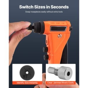 pop rivet gun kit, with 200 blind rivets, heavy duty single hand riveter with 4 interchangeable nosepieces, 4 drill bits, and a carrying case, manual riveting tool for metal, automotive, home