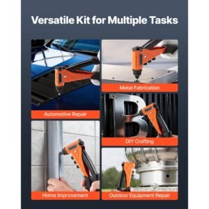 pop rivet gun kit, with 200 blind rivets, heavy duty single hand riveter with 4 interchangeable nosepieces, 4 drill bits, and a carrying case, manual riveting tool for metal, automotive, home
