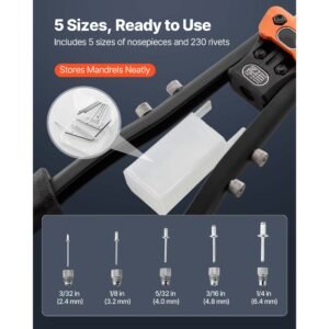 pop rivet gun kit, with 230 blind rivets, two handed riveter with 5 interchangeable nosepieces, 5 drill bits, and a carrying case, manual riveting tool for metal, automotive, home, and diy