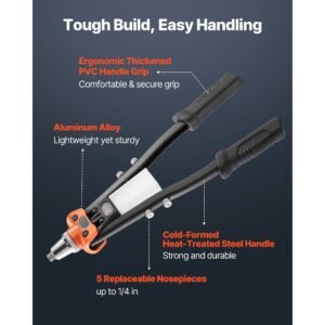 pop rivet gun kit, with 230 blind rivets, two handed riveter with 5 interchangeable nosepieces, 5 drill bits, and a carrying case, manual riveting tool for metal, automotive, home, and diy