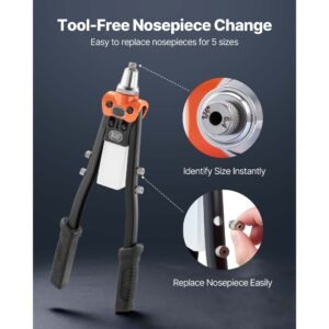 pop rivet gun kit, with 230 blind rivets, two handed riveter with 5 interchangeable nosepieces, 5 drill bits, and a carrying case, manual riveting tool for metal, automotive, home, and diy