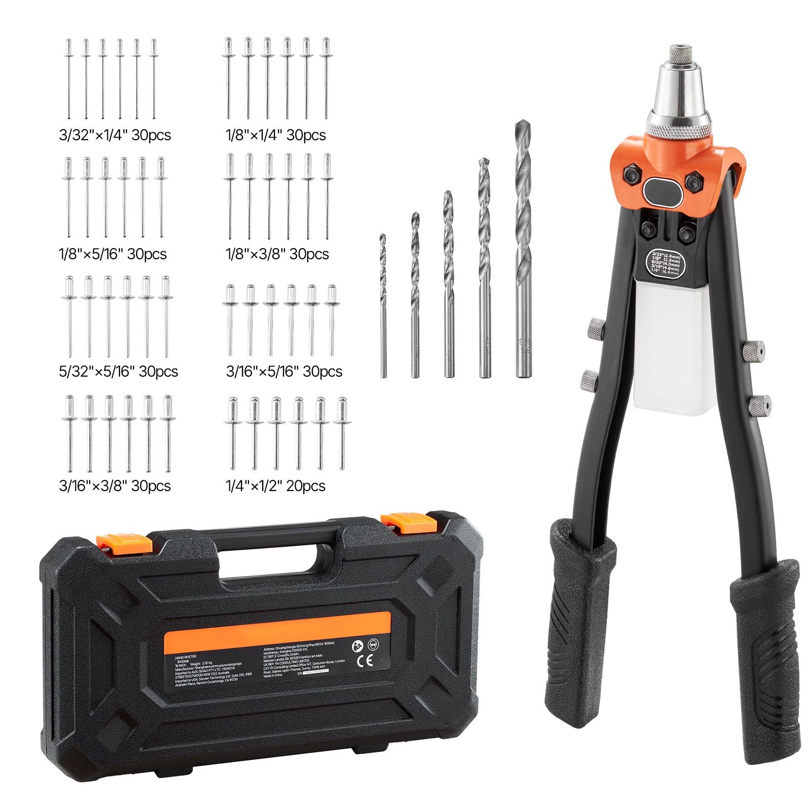 pop rivet gun kit, with 230 blind rivets, two handed riveter with 5 interchangeable nosepieces, 5 drill bits, and a carrying case, manual riveting tool for metal, automotive, home, and diy
