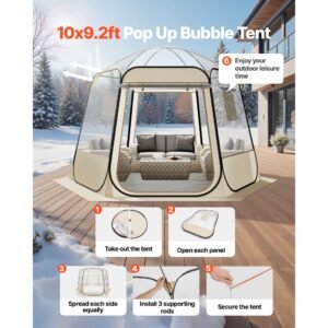 pop up bubble tent, 10 x 9.2 ft waterproof & uv resistant, clear camping tent shelter, outdoor garden dome igloo tents with windows, 540° panoramic view, for 4 8 persons patio backyard