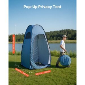 pop up shower tent, instant portable privacy tent changing room with ground stakes, ropes, and carry bag, 190t polyester with silver coating, quick setup, for camping, beach, fishing, blue