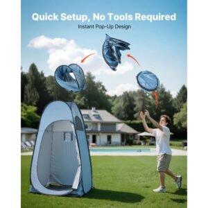 pop up shower tent, instant portable privacy tent changing room with ground stakes, ropes, and carry bag, 190t polyester with silver coating, quick setup, for camping, beach, fishing, blue