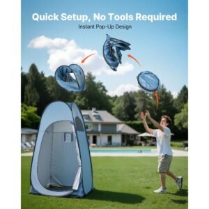 pop up shower tent, instant portable privacy tent changing room with hanging bag, ground stakes, ropes, carry bag, 190t polyester with silver coating, quick setup, for camping, beach, fishing