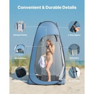 pop up shower tent, instant portable privacy tent changing room with hanging bag, ground stakes, ropes, carry bag, 190t polyester with silver coating, quick setup, for camping, beach, fishing