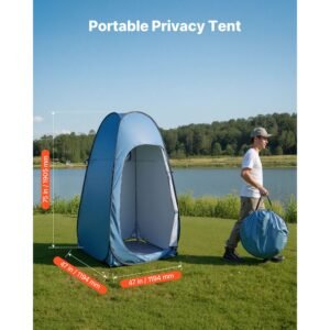pop up shower tent, instant portable privacy tent changing room with shower bag, ground stakes, ropes, carry bag, 190t polyester with silver coating, quick setup, for camping, beach, fishing