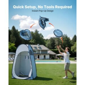 pop up shower tent, instant portable privacy tent changing room with shower bag, ground stakes, ropes, carry bag, 190t polyester with silver coating, quick setup, for camping, beach, fishing