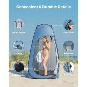 pop up shower tent, instant portable privacy tent changing room with shower bag, ground stakes, ropes, carry bag, 190t polyester with silver coating, quick setup, for camping, beach, fishing