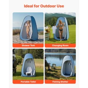 pop up shower tent, instant portable privacy tent changing room with shower bag, ground stakes, ropes, carry bag, 190t polyester with silver coating, quick setup, for camping, beach, fishing