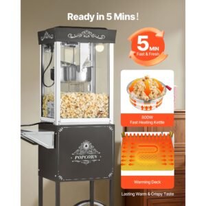 popcorn machine with cart, 8oz stainless steel kettle, 800w commercial popcorn maker, 48 cups per batch theater style popper, with 2 button control glass wall pc door 1 scoop 3 spoons, black
