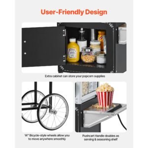 popcorn machine with cart, 8oz stainless steel kettle, 800w commercial popcorn maker, 48 cups per batch theater style popper, with 2 button control glass wall pc door 1 scoop 3 spoons, black