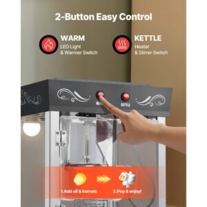 popcorn machine with cart, 8oz stainless steel kettle, 800w commercial popcorn maker, 48 cups per batch theater style popper, with 2 button control glass wall pc door 1 scoop 3 spoons, black
