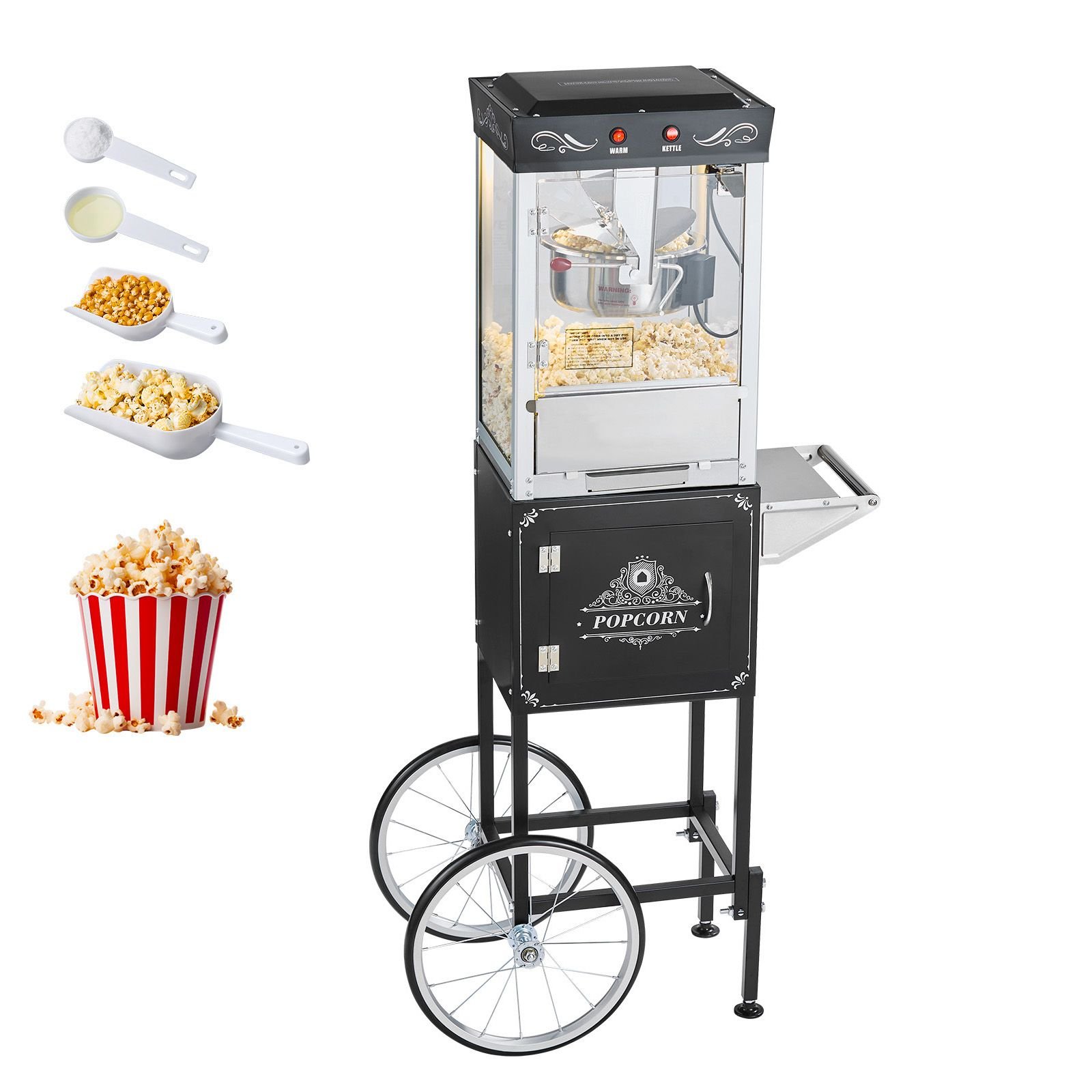 popcorn machine with cart, 8oz stainless steel kettle, 800w commercial popcorn maker, 48 cups per batch theater style popper, with 2 button control glass wall pc door 1 scoop 3 spoons, black