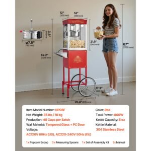 popcorn machine with cart, 8oz stainless steel kettle, 800w commercial popcorn maker, 48 cups per batch theater style popper, with 2 button control glass wall pc door 1 scoop 3 spoons, red