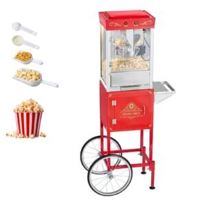 popcorn machine with cart, 8oz stainless steel kettle, 800w commercial popcorn maker, 48 cups per batch theater style popper, with 2 button control glass wall pc door 1 scoop 3 spoons, red