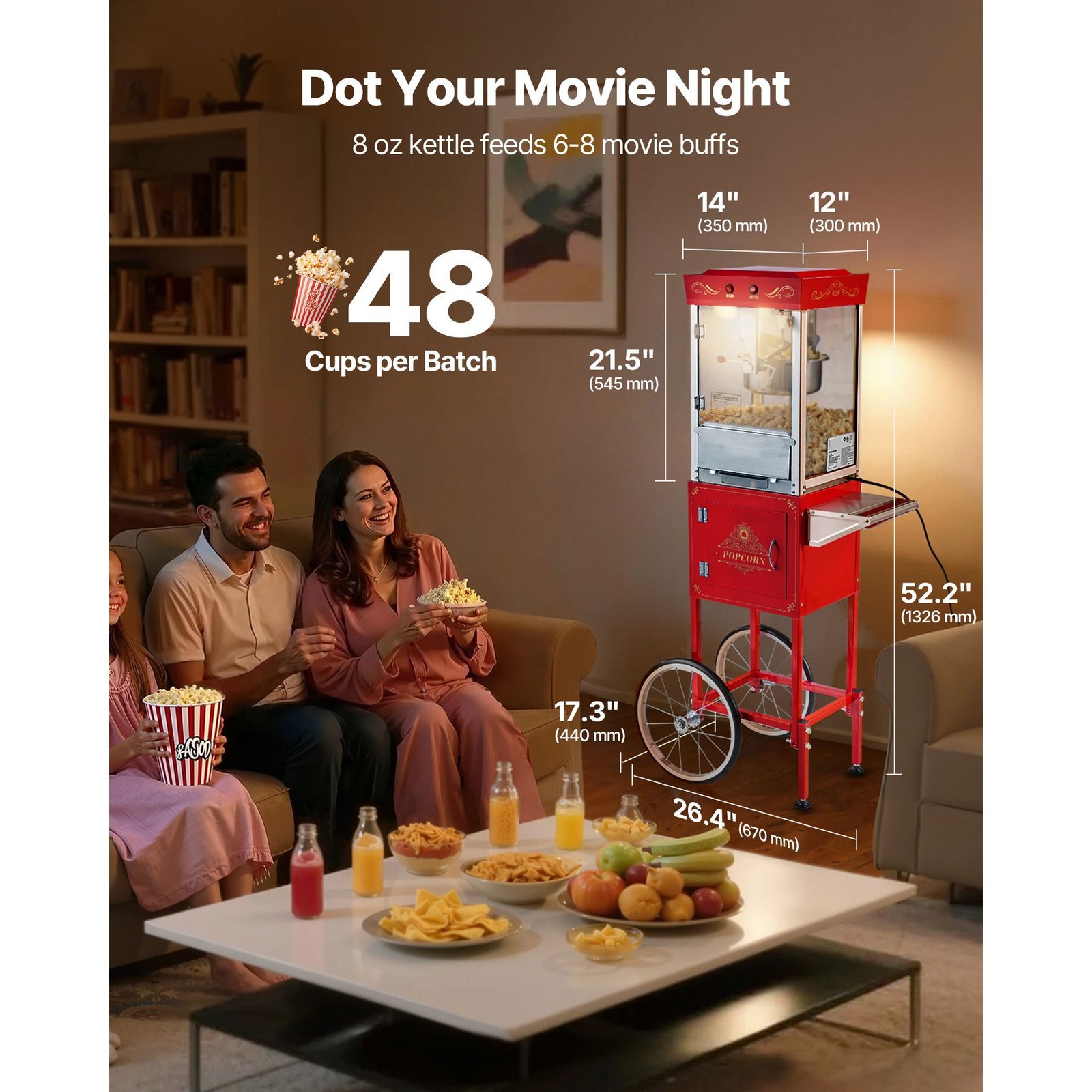 popcorn machine with cart, 8oz stainless steel kettle, 800w commercial popcorn maker, 48 cups per batch theater style popper, with 2 button control glass wall pc door 1 scoop 3 spoons, red