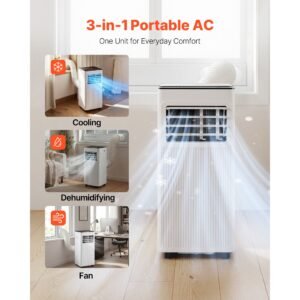 portable air conditioner, 10000 btu ashrae (6000 btu sacc) 3 in 1 standing cooling ac unit, with led touch panel & remote control, 24h timer, cooling, dehumidifier, fan for room indoor, white